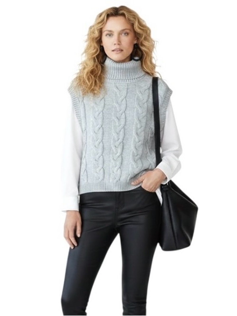 House of Harlow 1960 Vest Gray Cable Knit Soft Turtleneck Sweater Sz XS $198